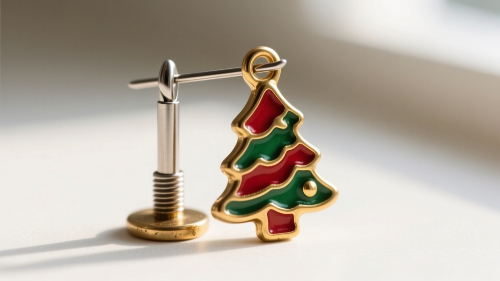 Macro shot of a 20-gauge titanium earring post soldered to a brass enamel Christmas tree charm, showing secure metal attachment.