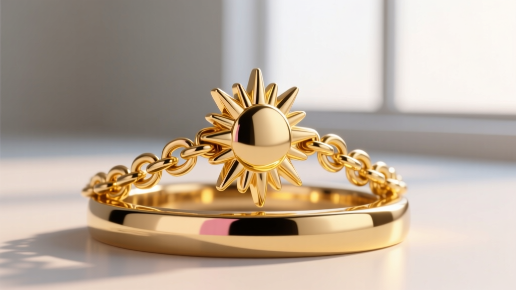 Close-up of a 14k gold chain attached to a sunburst bail, showing precise polishing and secure soldering on the thick metal base.