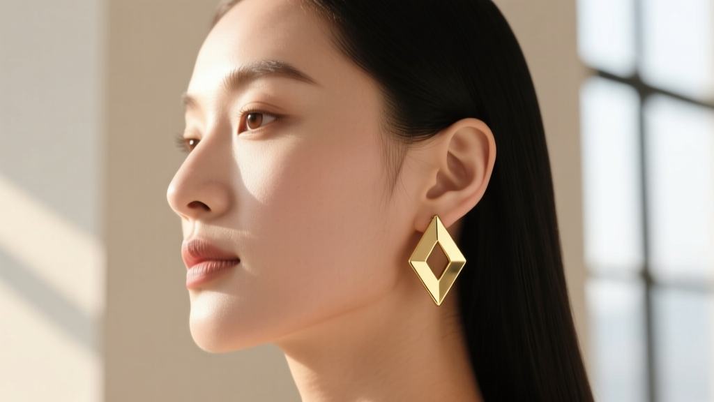 Side-profile portrait of a woman wearing a minimalist gold PVD-coated magnetic lymphatic earring on her upper ear cartilage.
