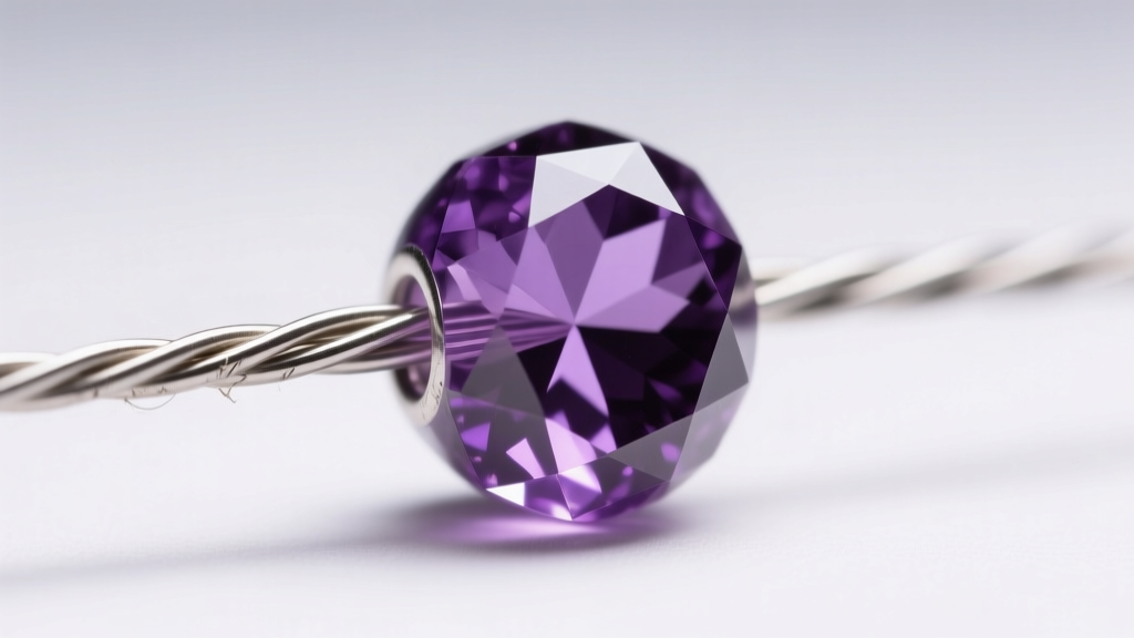 Macro shot of 0.018 inch nylon coated steel wire threading through a 6mm faceted amethyst crystal bead under bright studio lighting.