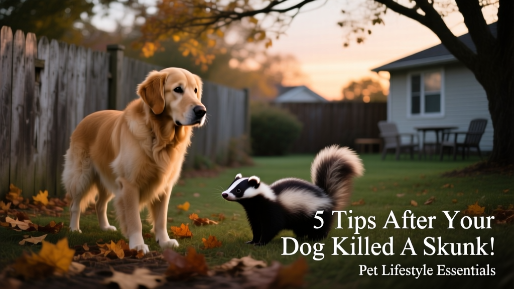 A calm but alert dog standing near a motionless skunk in a backyard at dusk