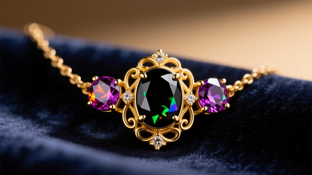 Macro shot of an 18k gold necklace with a black opal and two faceted rubies on dark velvet under warm studio lighting