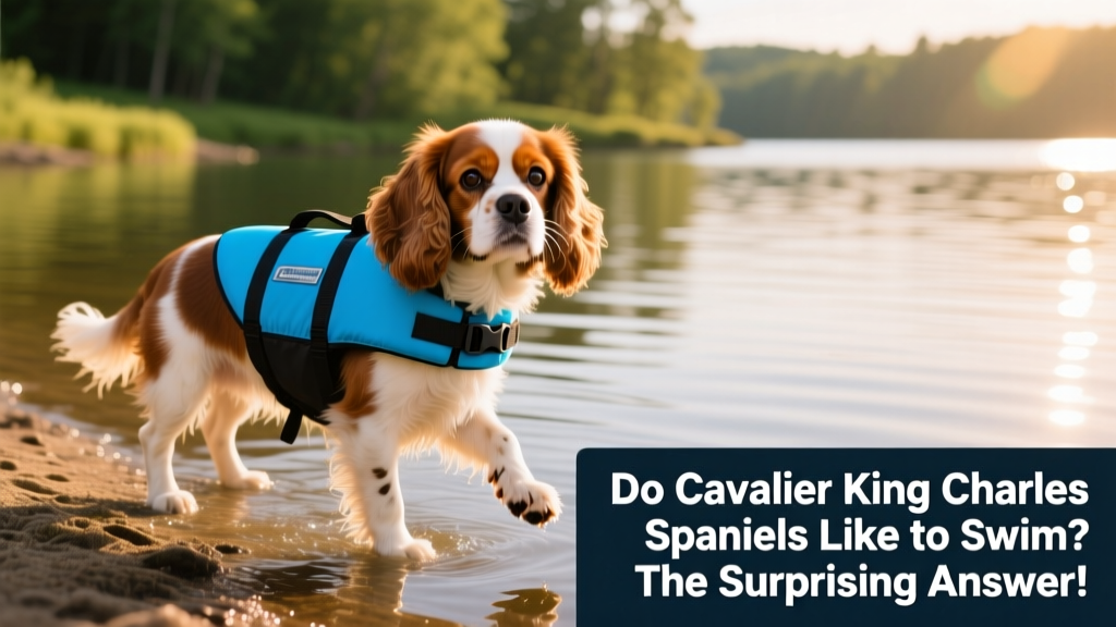 A Cavalier King Charles Spaniel wearing a bright blue life vest, standing confidently at the water's edge