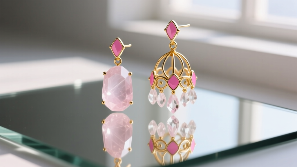 Macro shot of a rose quartz and pink enamel chandelier earring on a mirrored surface, showing intricate gold filigree wirework.
