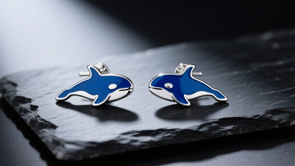 Flat lay of minimalist killer whale stud earrings made of recycled sterling silver and blue cold enamel resting on dark slate stone.