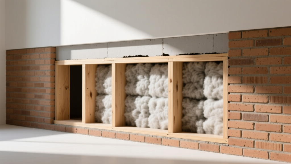 Cross-section of a modern cavity wall showing dense clay brick exterior, air gap, low-density mineral wool, and wood framing