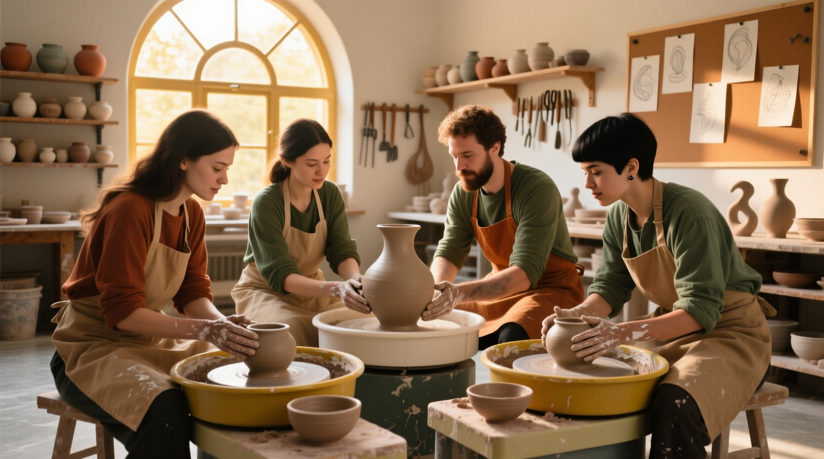 Diverse group collaborating on pottery wheels in sunlit studio