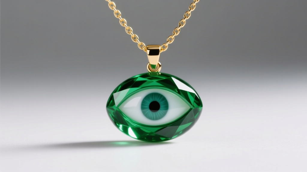 Close-up of a vibrant emerald green glass evil eye pendant on a delicate 14k gold box chain, soft studio lighting.
