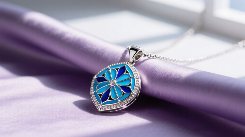 Close-up of a 925 sterling silver Stitch pendant necklace with vibrant blue cloisonné enamel resting on soft lavender fabric