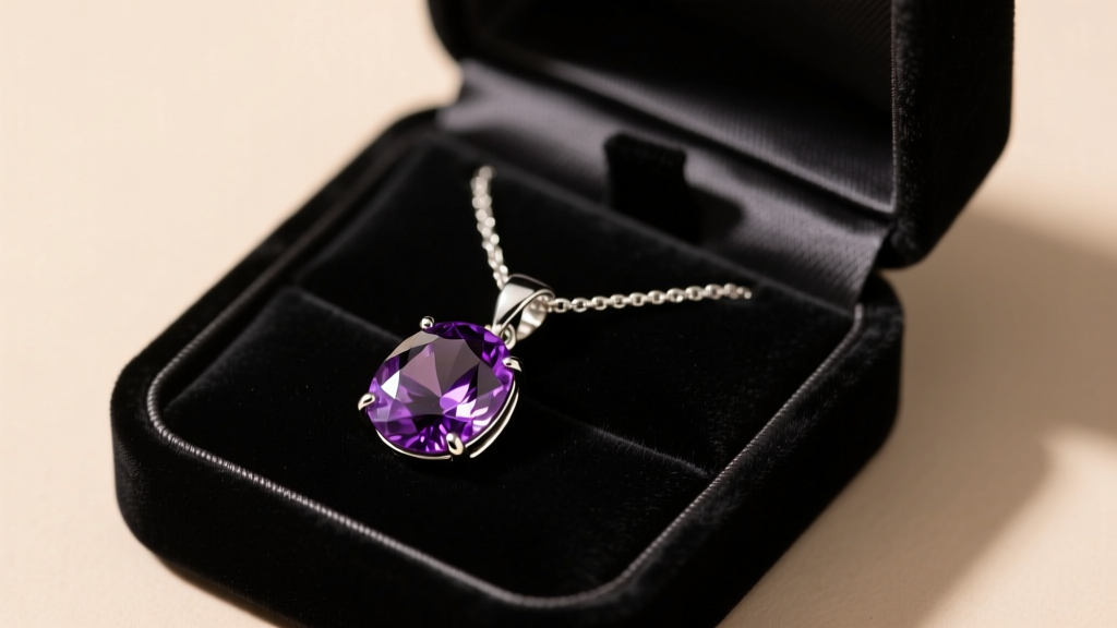 Sterling silver necklace with a deep purple faceted amethyst pendant resting in a velvet box under soft warm studio lighting