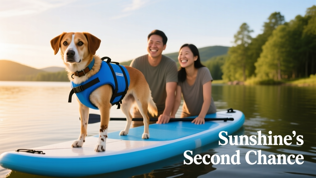 Sunshine wearing a bright blue life vest, standing confidently on a paddleboard with her adoptive family smiling nearby