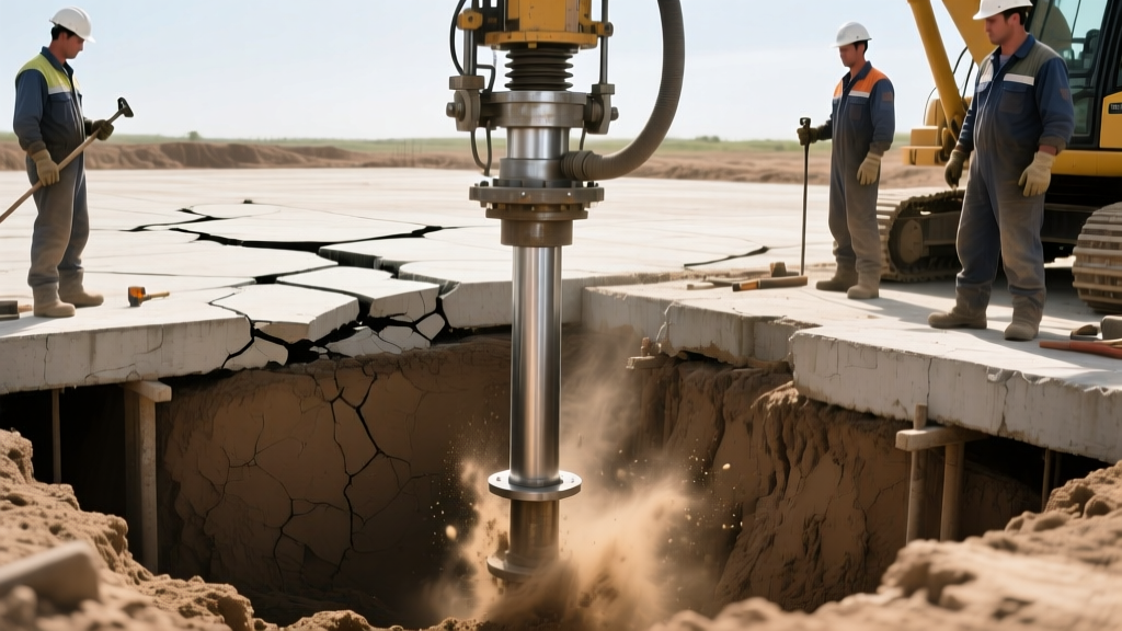 Heavy-duty steel hydraulic push piers being driven into expansive clay soil beneath a cracked concrete slab foundation by repair technicians