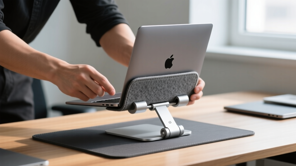 Hands adjusting the height of a Roost laptop stand while a MacBook Air sits securely in a felt protective sleeve doubling as a desk mat