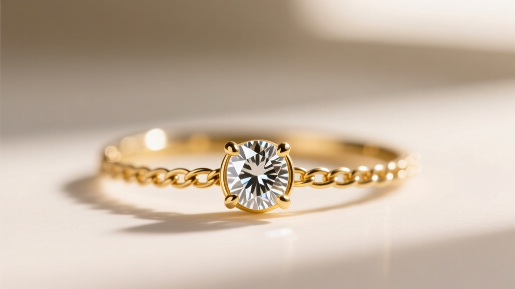 Macro shot of a 14k gold bezel setting holding a 0.02 carat pear-cut lab diamond on a delicate 1.2mm rolo chain link
