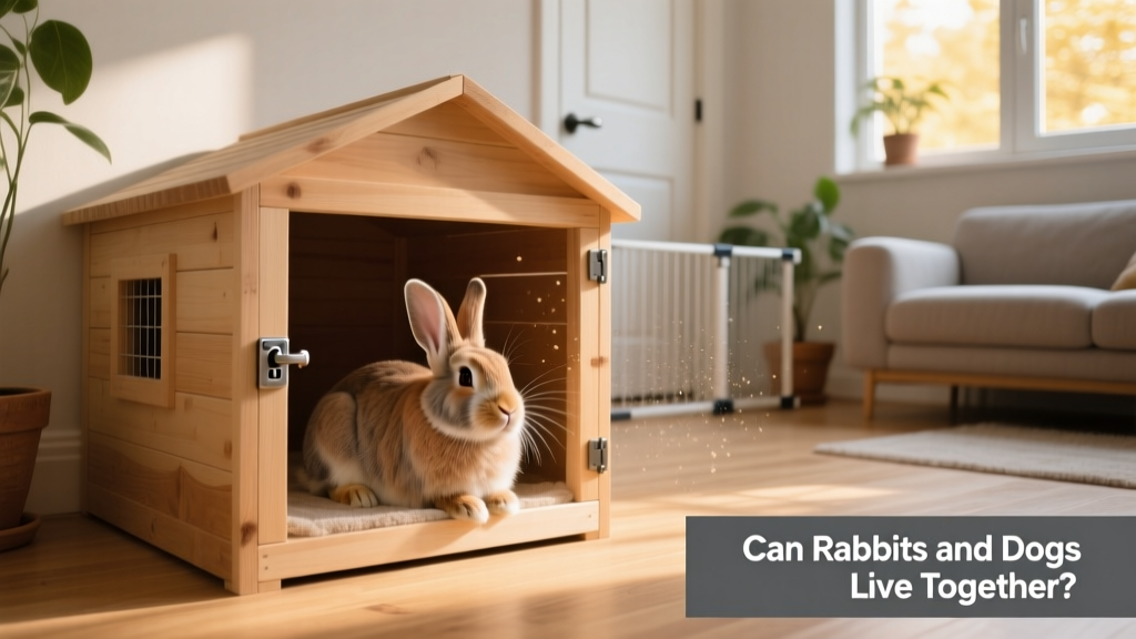 A rabbit safely housed in a sturdy, enclosed space with solid walls and a secure door, positioned away from any dog-accessible areas