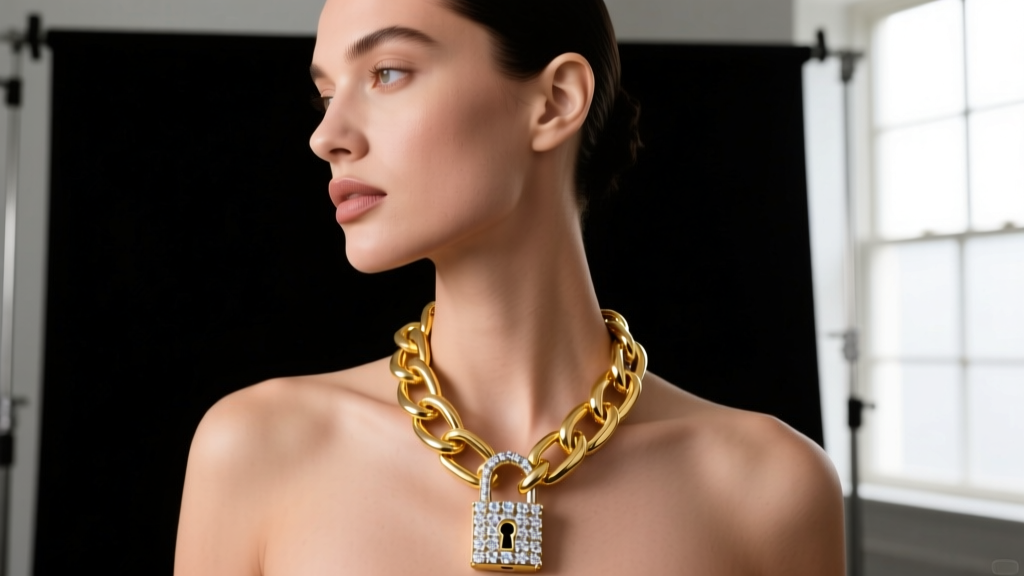 Model wearing a chunky 14k yellow gold chain and lock necklace with a diamond padlock pendant against a dark studio backdrop