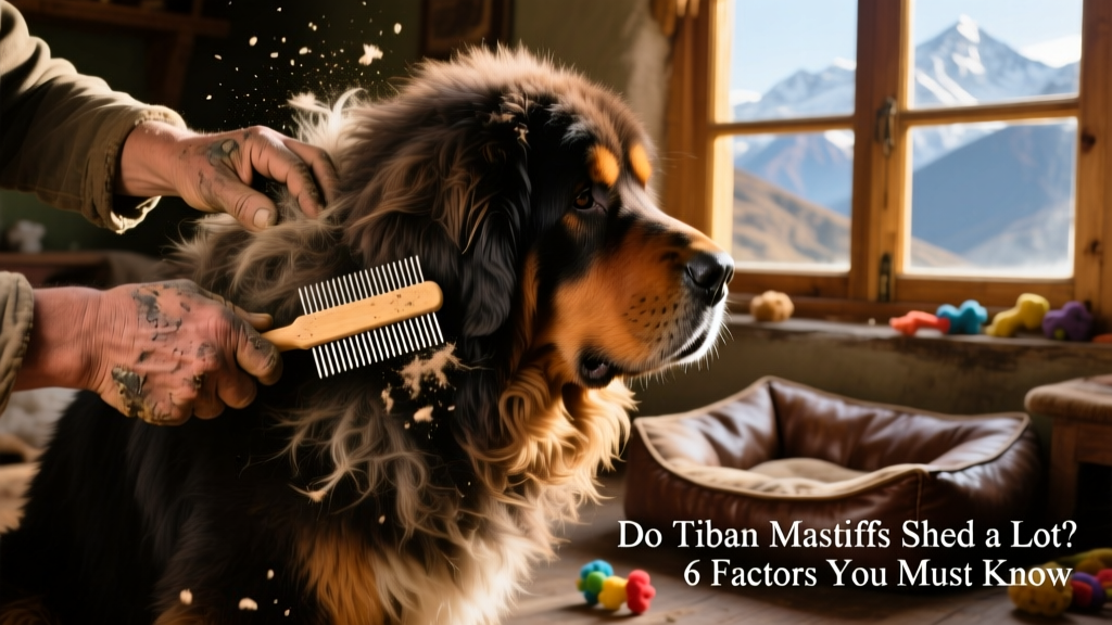 Close-up of hands brushing a Tibetan Mastiff’s thick double coat with undercoat rake