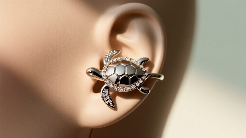 Close-up side profile of an 18-gauge titanium turtle ear cuff with tiny zirconia accents on a mannequin ear against soft light
