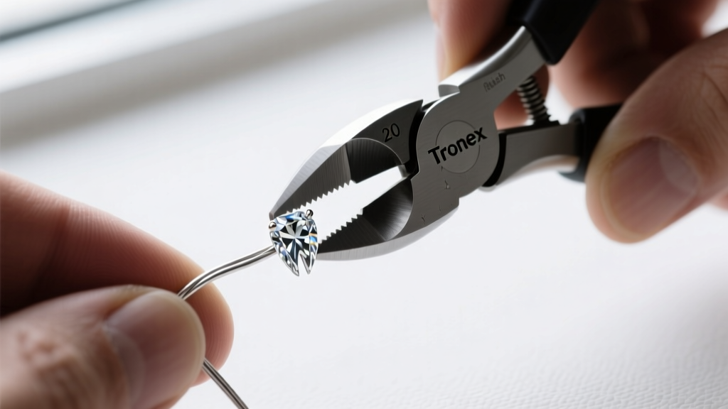 Macro shot of a maker using Tronex flush cutters to shape 20-gauge argentium silver wire around a cubic zirconia tooth gem.
