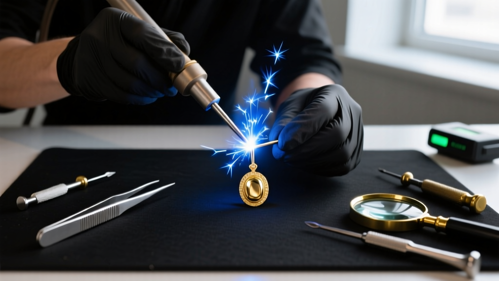 Jeweler laser-welding a steel pin stem to a gold pendant, showing a bright spark and precision tools on a dark workbench mat.