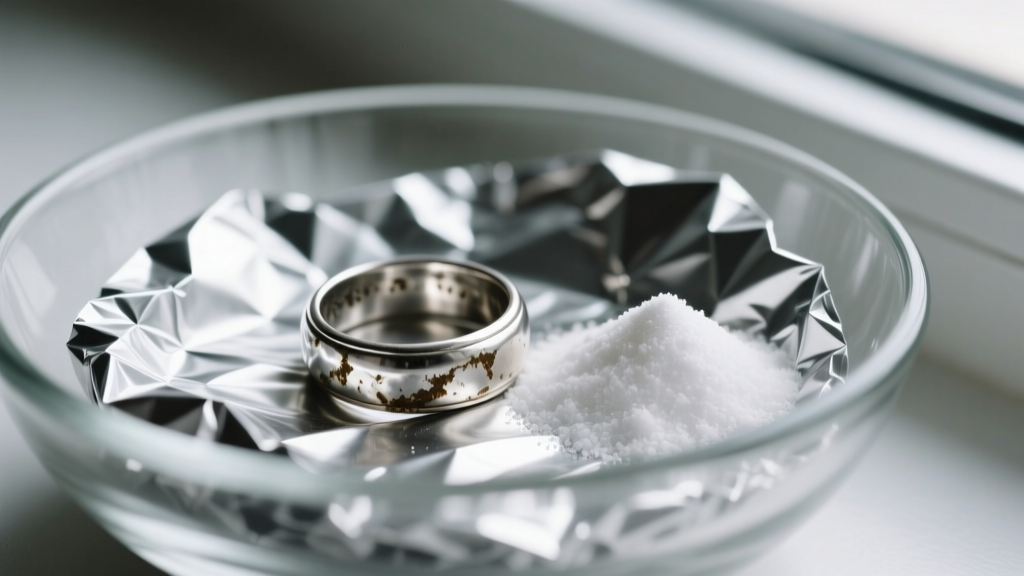 Close-up of tarnished sterling silver ring on crumpled aluminum foil in a glass bowl, with baking soda nearby.