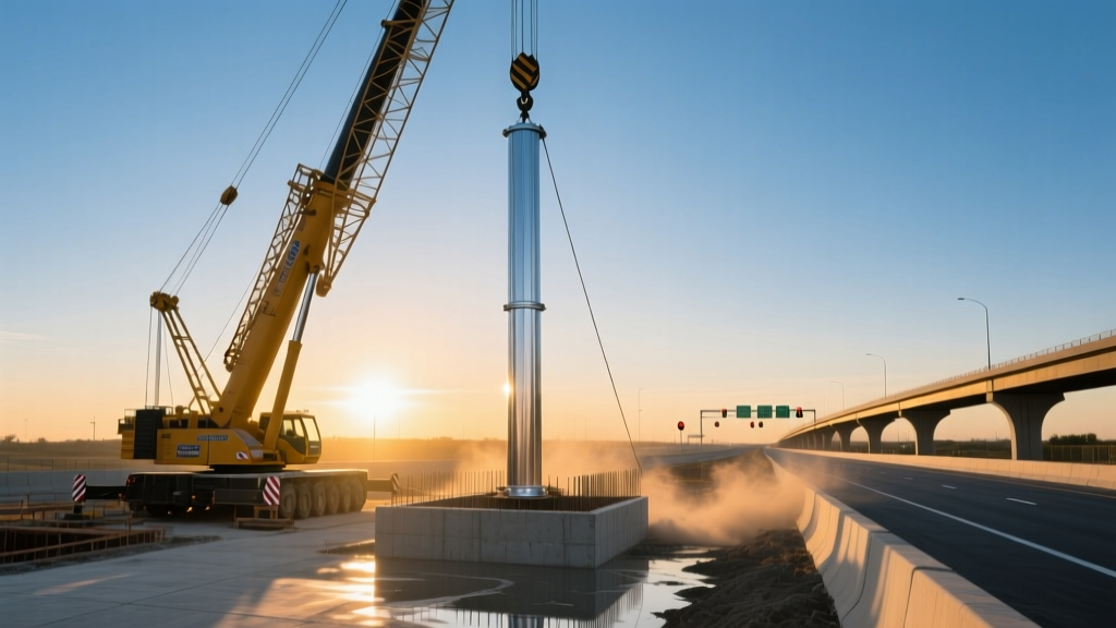 Hydraulic crane lifting a galvanized steel monopole into a reinforced concrete foundation beside an interstate highway at sunrise.