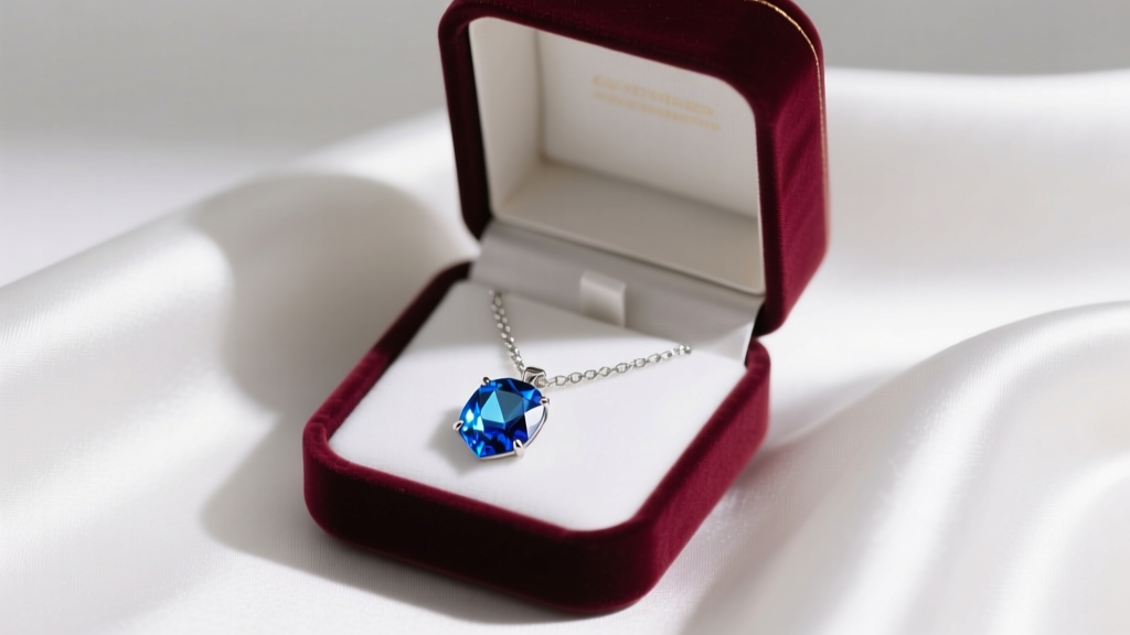 Open velvet box showing a silver chain necklace with a faceted London blue topaz crystal pendant resting on white silk fabric