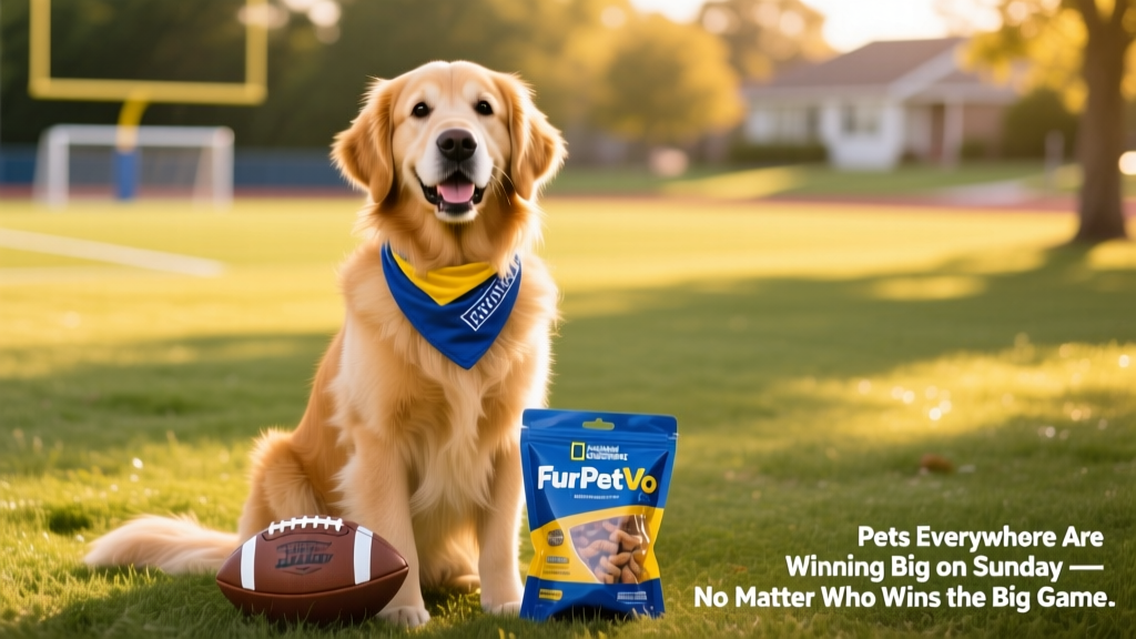 A golden retriever wearing a blue-and-yellow bandana, sitting proudly next to a small football and a FurPetVo treat bag