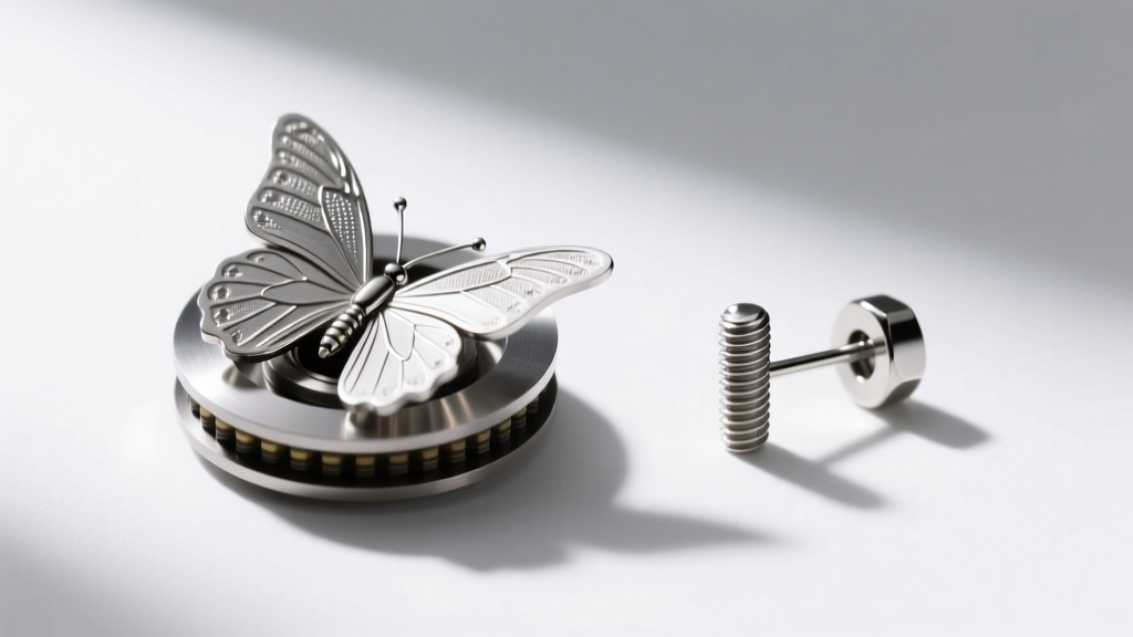 Close-up of a butterfly friction clutch and a threaded screw back earring post in surgical steel on a clean white background.
