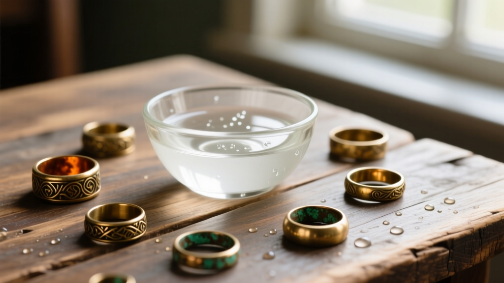 Flat lay of tarnished vintage brass rings and a glass bowl of white vinegar on a rustic wooden surface, soft natural lighting