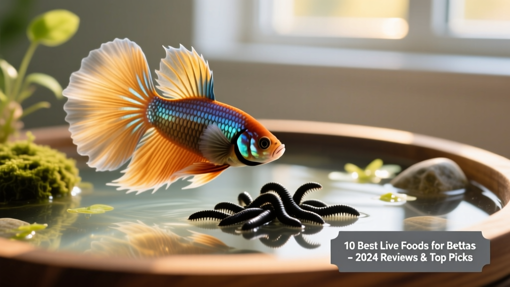 Close-up of vibrant betta fish flaring near a cluster of live blackworms in a shallow aquarium