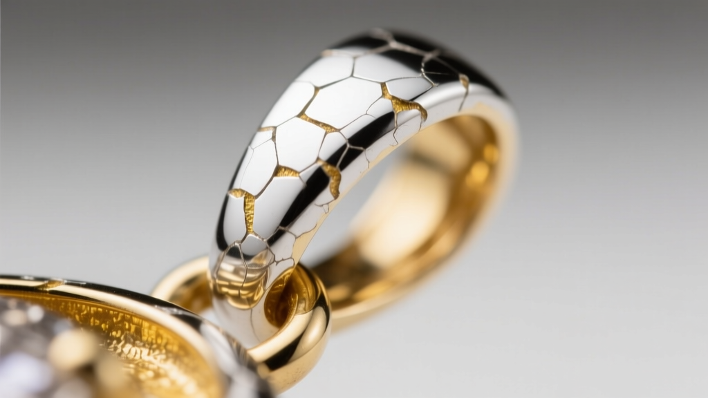 Microscopic view of worn rhodium plating on a white gold pendant bail, revealing the yellowish palladium alloy base metal.