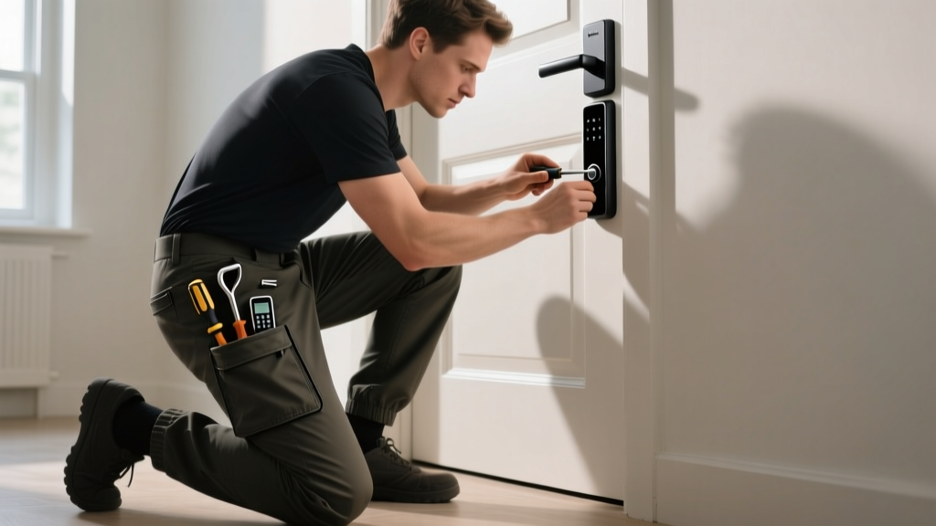 Tech enthusiast in Gramicci Gadget Pants kneeling at a door, installing a matte black Matter smart lock with tools in pockets.