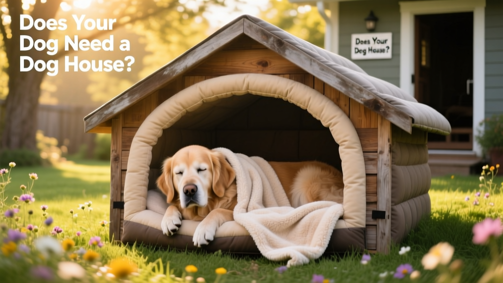 A senior dog resting comfortably inside a well-padded, insulated dog house with a visible thermal blanket