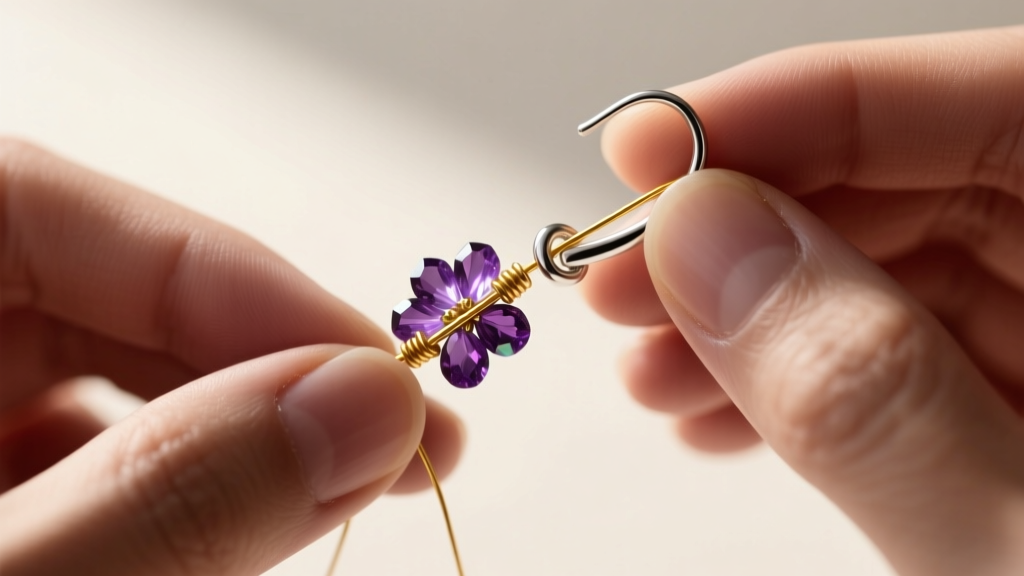 Close-up of hands using 28-gauge gold-filled wire to secure a tiny amethyst bead cluster onto a sterling silver ear wire base