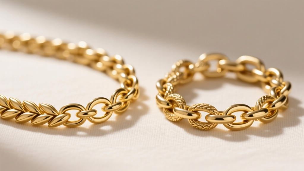 Macro photo of a 14k gold wheat chain and a thick Byzantine chain side-by-side, showing intricate figure-eight link patterns