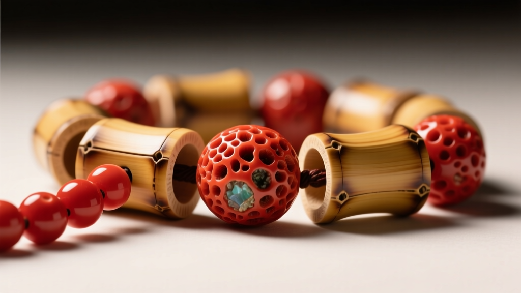 Macro shot of dyed bamboo and natural red coral beads, revealing porous textures and color variations under warm studio lighting.