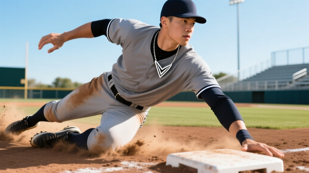 Baseball player sliding into base, revealing a sweat-resistant black titanium performance sports necklace under a dusty grey jersey