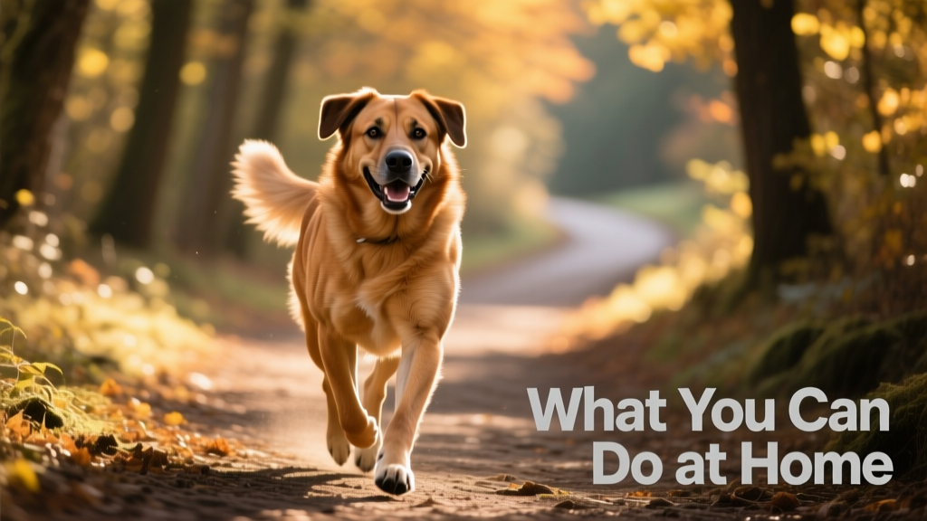 Happy, well-muscled adult dog trotting confidently on a sunlit trail, showing healthy coat and body condition