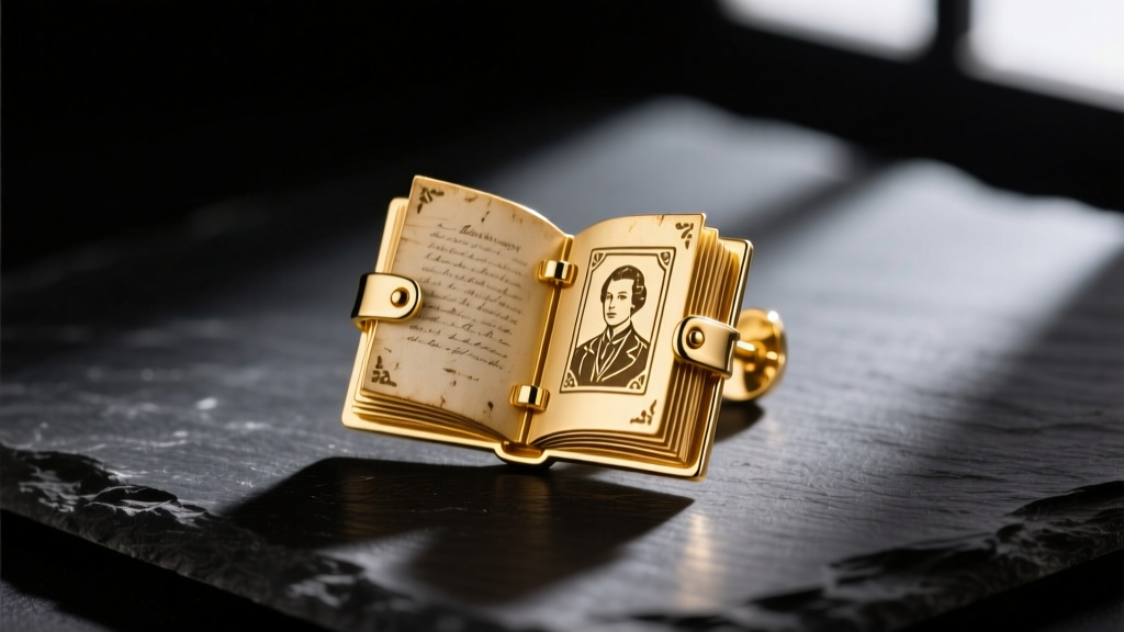 Macro shot of multi-layered 18k gold laser-cut earring resembling a vintage photo album on dark slate with dramatic side lighting.