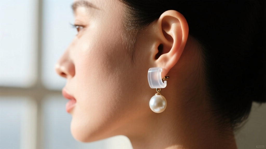 Side view of an ear wearing a vintage pearl drop earring with a clear silicone converter, shown in profile against soft diffused daylight.