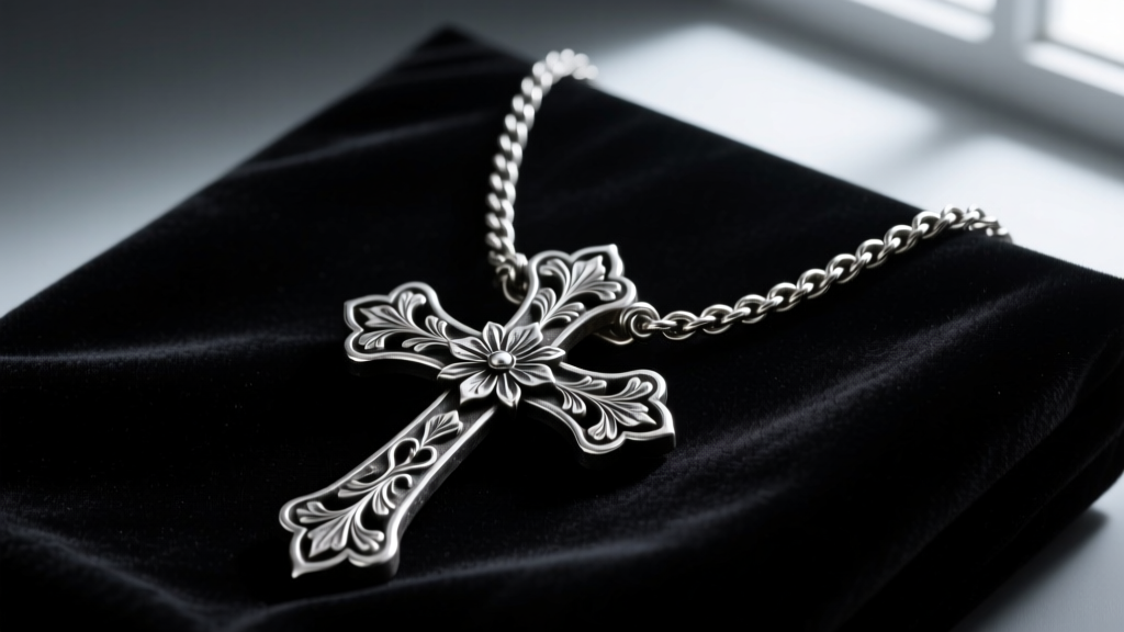 Oxidized silver gothic cross necklace on dark velvet, moody lighting highlighting intricate floral metalwork and a heavy rope chain