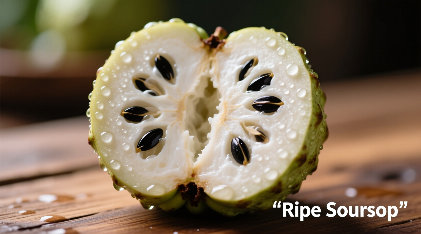 Ripe soursop fruit cut in half showing creamy white flesh