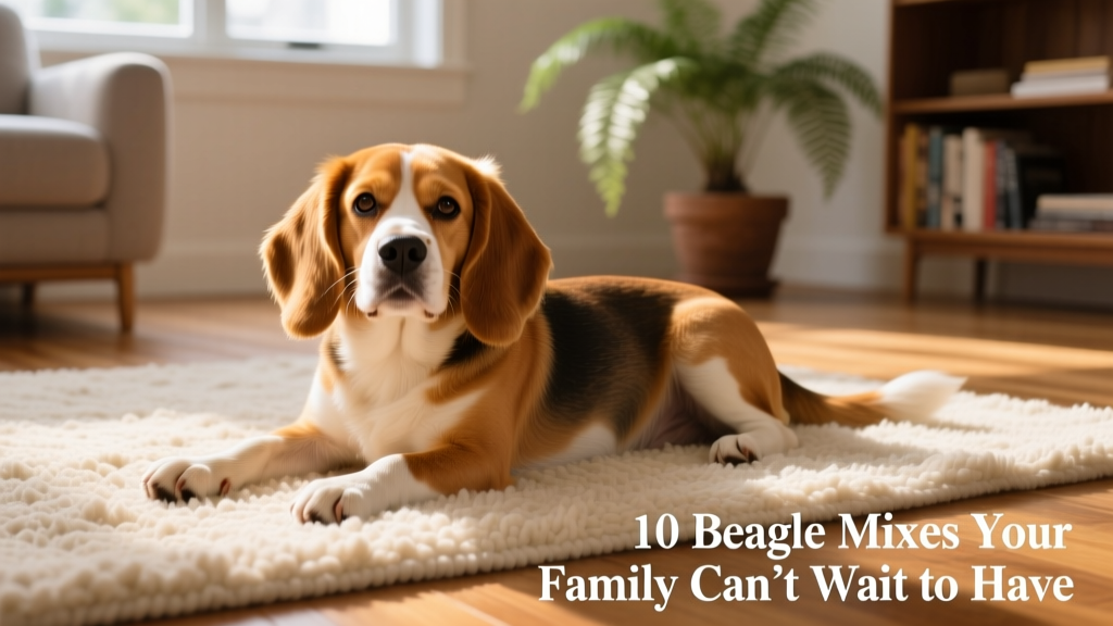 tan beaglier with a cavalier snout lying on rug