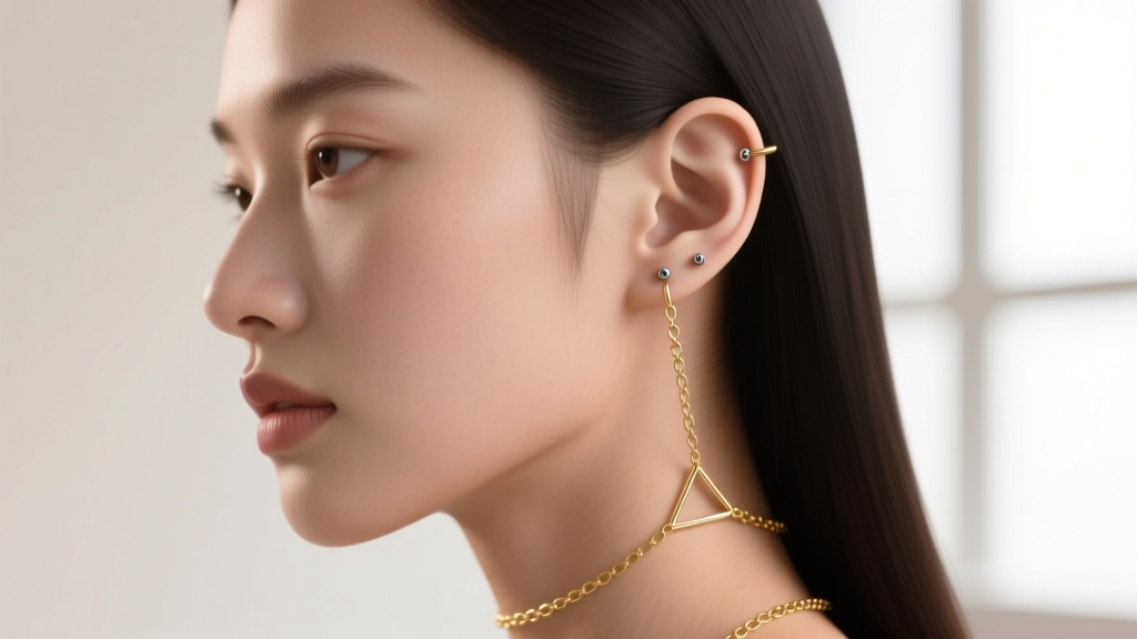 Side profile showcasing a three-point ear lobe constellation with delicate gold chains connecting the upper and lower piercings