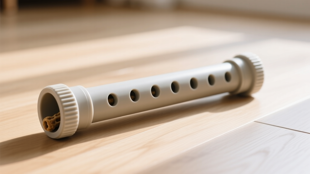 A close-up of a homemade PVC pipe dog treat dispenser with drilled holes and end caps resting on a hardwood floor next to scattered kibble.