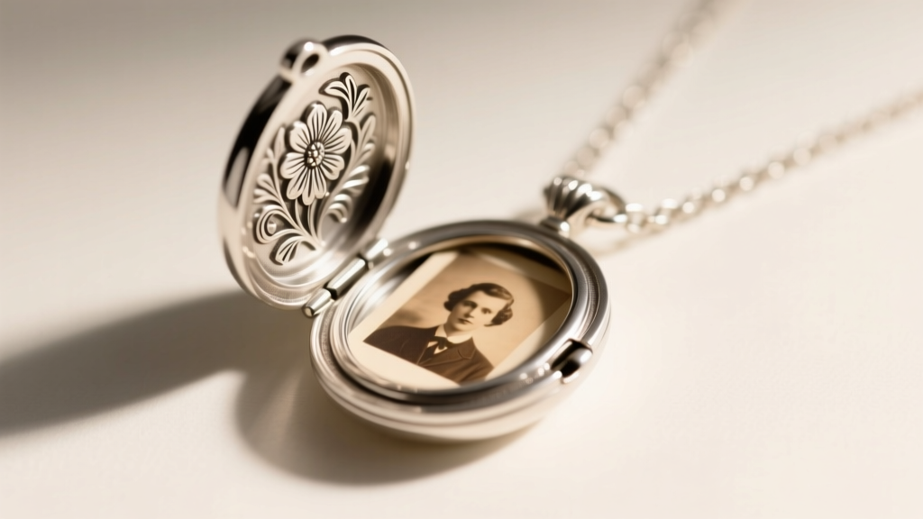 Silver locket necklace with floral engravings slightly open showing a tiny photo inside, captured in bright macro studio lighting
