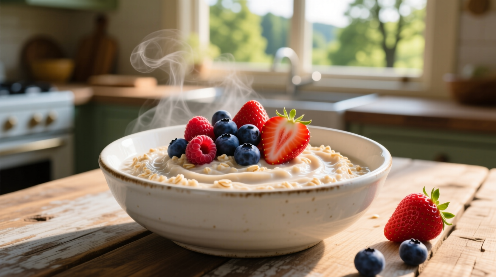 Creamy oatmeal in white bowl with fresh berries
