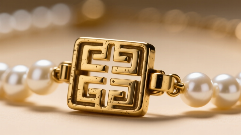 Macro photo of a vintage Givenchy pearl necklace clasp showing the block logo hallmark on gold-tone brass hardware