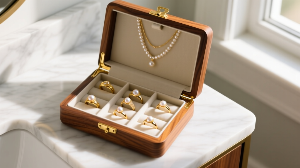 Top-down view of an open walnut Wayfair jewelry box on a marble vanity, revealing neatly organized gold rings and pearl necklaces.